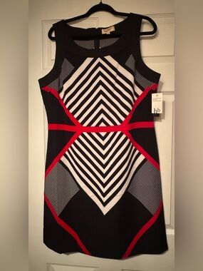 NWT Harve Benard Sz 14 Black, White & Red Geometric Midi Sheath Dress